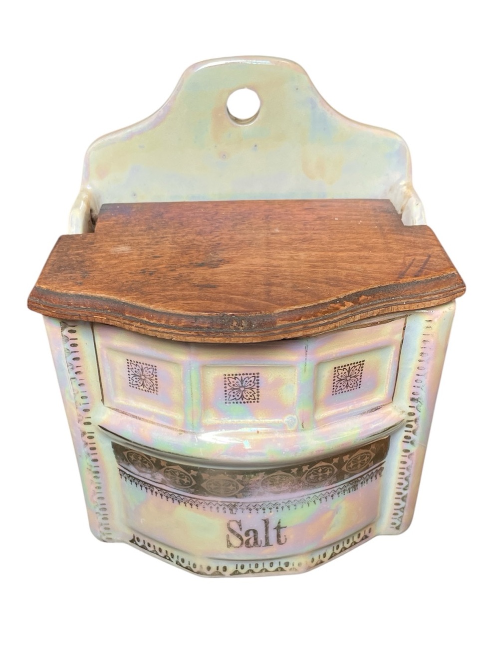 Antique White Block Salt Box Lusterware Iridescent Wall Mount 1930s 1940s